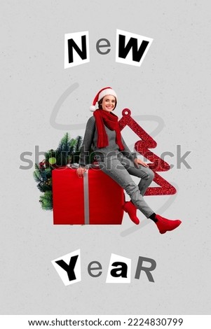 Vertical collage picture of positive funky girl sitting big giftbox new year text isolated on creative background
