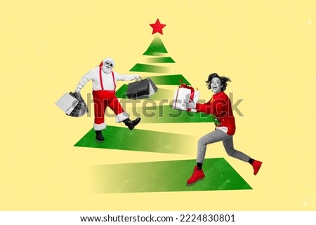 Creative photo 3d collage artwork poster postcard card of two person people enjoy holiday shopping isolated on painting background