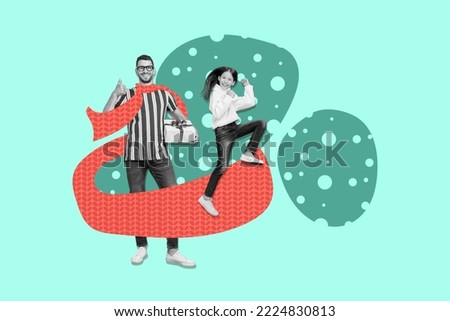 Creative photo 3d collage artwork poster postcard picture of two person enjoy holida mood share rejoice new year isolated on painting background