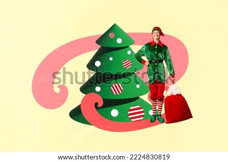 Creative photo 3d collage artwork poster postcard of cartoon personage elf congratulates new year holiday isolated on painting background