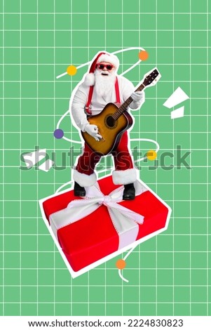 Vertical creative collage of overjoyed cool santa claus stand big giftbox playing guitar isolated on checkered green background