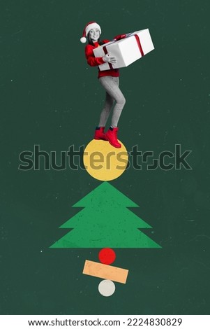 Vertical collage image of funny smiling girl black white gamma hold big giftbox stand painted evergreen tree isolated on creative background