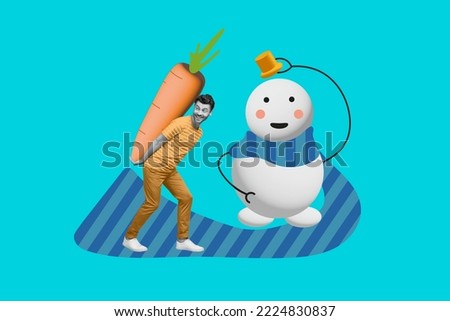 Creative photo 3d collage artwork poster postcard picture of curious man look back sculpts snowman isolated on painting background