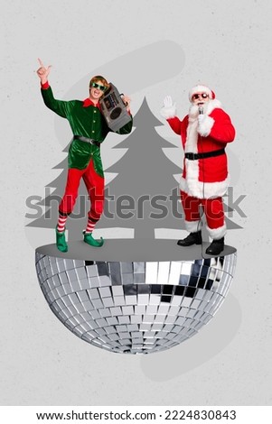 Vertical collage image of excited cool santa elf assistant hold boombox listen music sing microphone dance stand half big disco ball
