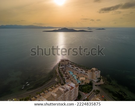 La Manga del Mar Menor Murcia spain, aerial Spectacular aerial images with drone view of the lagoon and the Mediterranean Sea at sunset
