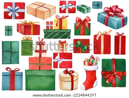 Gifts set, isolated on white background. Watercolor Christmas icons. New year illustration