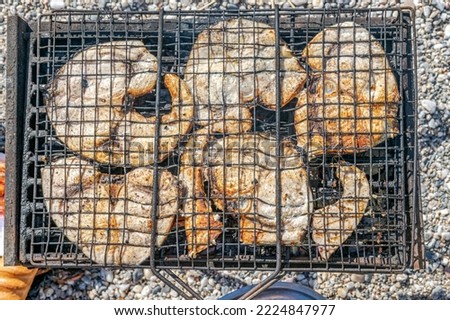 Overhead view of grilled slices of swordfish in a barbecue grill with a bread and blurred beach pebbles on background. Royalty-Free Stock Photo #2224847977