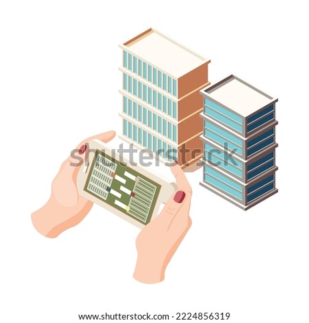 Real estate augmented reality isometric composition with isolated house sales modern service image vector illustration