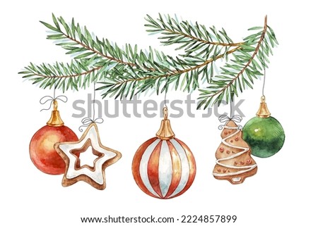 Watercolor Christmas card with Fir branches, christmas balls, gingerbread, christmas cookies. Vector illustration for greeting card and invitation. Winter holidays poster.