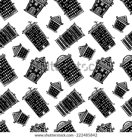 Abstract seamless pattern with panorama of the city. Houses, street. Urban hand drawn ornament. Repeated background texture. Cloth design. Wallpaper 