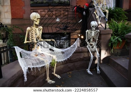 Skeletons, spider and web as outdoor Halloween decorations.