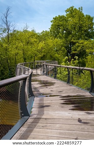 Parkview Tree Canopy Trail curving wood bridge riverfront walkway in Promenade Park over the St. Marys River, Fort Wayne, Allen County, Indiana Royalty-Free Stock Photo #2224859277