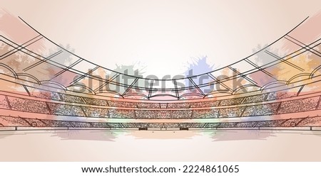 Watercolor line drawing Sketch Stadium Vector. Football stadium line drawing illustration. Soccer playground colorful vector background.