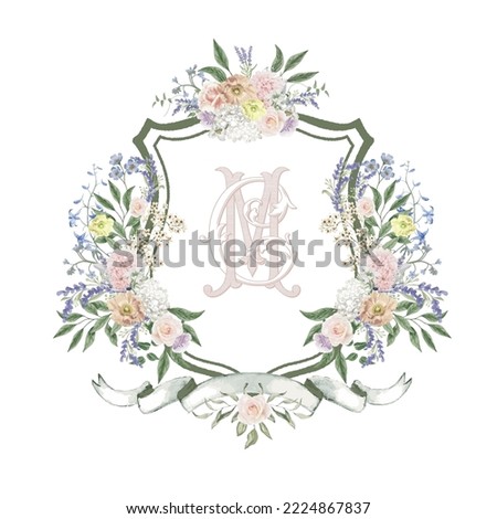 Painted wedding monogram CM initial watercolor floral crest. Watercolor crest wildflower frame Hand drawn template. Royalty-Free Stock Photo #2224867837