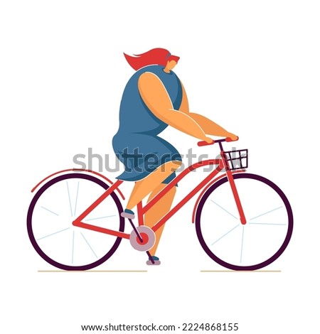 Happy girl riding bike in park. Flat vector illustration. Outdoor activities, healthy lifestyle, sport, hobby concept