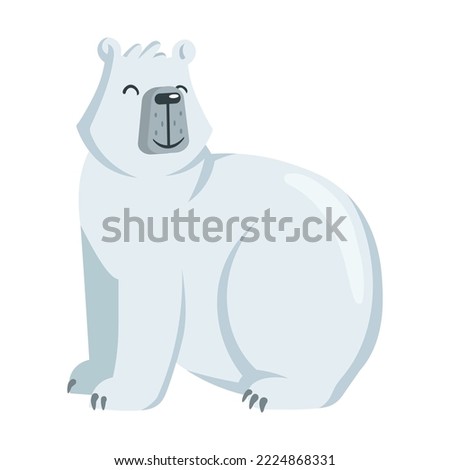 Cute polar bear. White arctic animal sitting and smiling. Cartoon vector illustration. Zoo, winter, wildlife, fauna concept