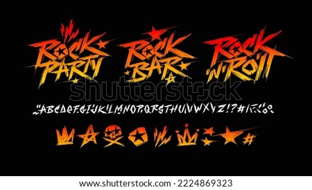 Rock n roll and Rock Party sign set and grunge style font with Punk elements- vector template. Set of Rock'n'roll doodle collection for print t-shirt and poster design. Punk Rock music type font 