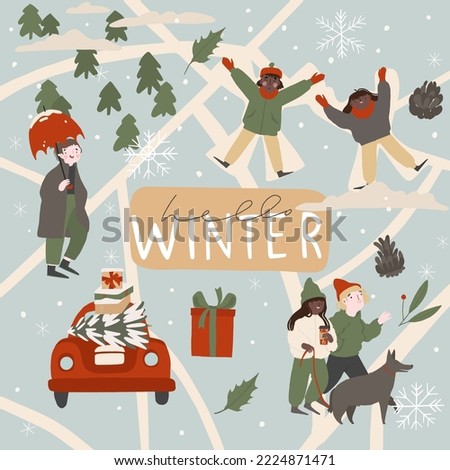 Christmas card  with people in the winter map. Hand-drawn in a cartoon flat style. Winter backgrounds, winter landscape, mountains, forests, ski resort, hotel, Christmas market and holidays time