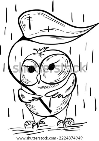 Vector illustration of a baby owl in the rain holding a leaf. Black and white on a white background. For children's rooms, posters, postcards. For coloring