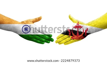 Handshake between Brunei and India flags painted on hands, isolated transparent image.