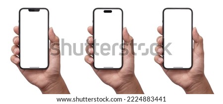 Hand holding smart phone Mockup  and screen Transparent and Clipping Path isolated for Infographic Business web site design app Royalty-Free Stock Photo #2224883441