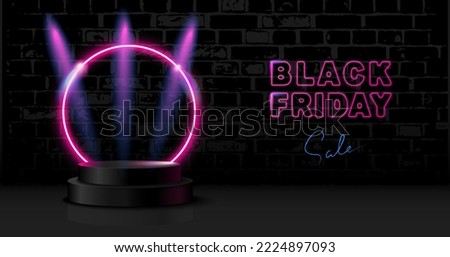 Podium Stage with Pink Neon Round Frame on Black Background of Brick Wall and Neon "Black Friday Sale" Inscription. Horizontal Banner for Black Friday Sale. Vector Illustration.