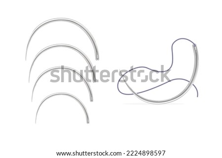 Surgical needles set and attached suture material. Cartoon style. Vector illustration isolated on white background. Royalty-Free Stock Photo #2224898597