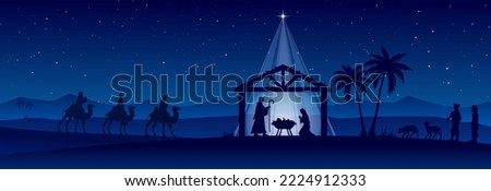 Blue Christmas nativity scene: Three Wise Men go to the manger in the desert. Royalty-Free Stock Photo #2224912333