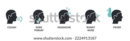 Headache, Fever, Runny Nose, Cough, Sore Throat Silhouette Icon. Symptoms of Virus Disease Line Icon. Covid Symptoms Pictogram. Isolated Vector illustration. Royalty-Free Stock Photo #2224913187