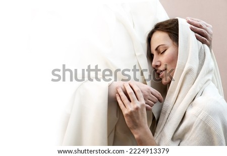 Holy saint bless sacred divin light shine scarf cute young wife lady face ask wish trust king Lord savior care help. bliss forgive soul spirit dream joy thank praise biblic marri grace life father arm Royalty-Free Stock Photo #2224913379