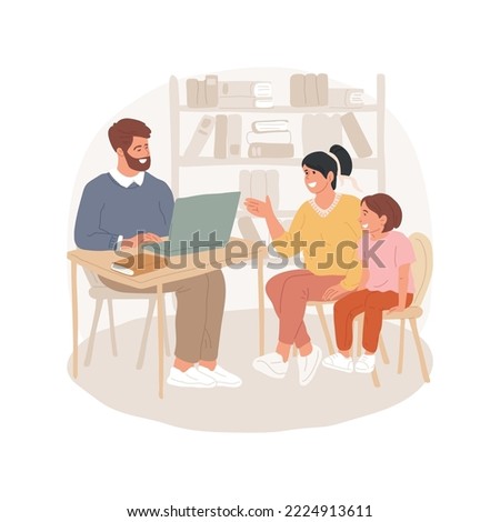 Parent-teacher interview isolated cartoon vector illustration. Parent and kid sit together at the table, discuss child academics, talking about achievement, interview at school vector cartoon. Royalty-Free Stock Photo #2224913611