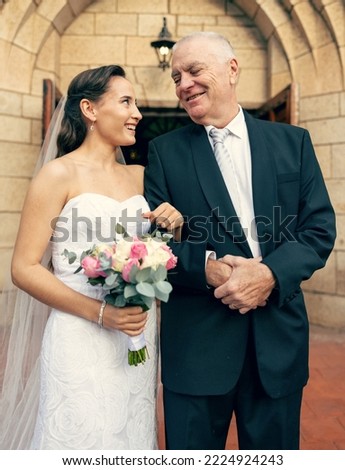 Wedding, love and father of the bride feeling happy, pride and support of family for event, celebration and marriage while together. Woman in bridal wear with senior man for tradition in a building