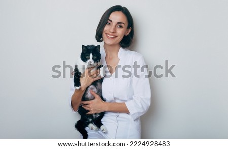 Young beautiful smiling woman Veterinarian holds on hands and examining cat in veterinary clinic