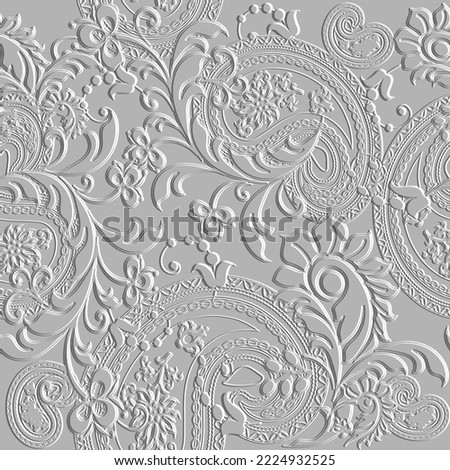 Emboss Paisley floral 3d seamless pattern. Embossed white background. Vintage textured flowers, leaves. Repeat surface vector backdrop. Floral relief 3d ornament. Endless texture with embossing effect
