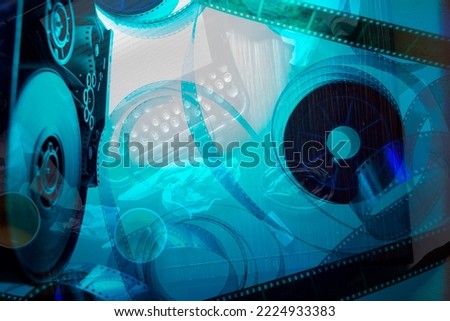 abstract background with film strip and typewriter. movie show script history concept