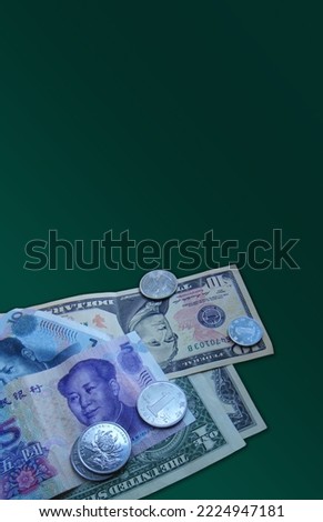 Chinese Yuan and U.S. Dollar,  banknotes and coins money. Chinese currency, stock market, business, economic, banner   