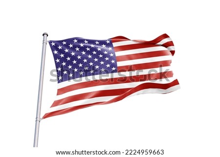 Waving Flag of USA in White Background. USA Flag on pole for Independence day. The symbol of the state on wavy fabric. Royalty-Free Stock Photo #2224959663