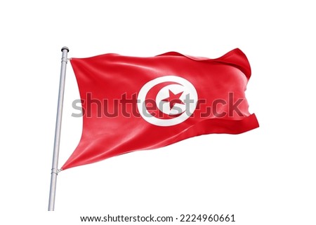 Waving Flag of Tunisia in White Background. Tunisia Flag on pole for Independence day. The symbol of the state on wavy fabric. Royalty-Free Stock Photo #2224960661