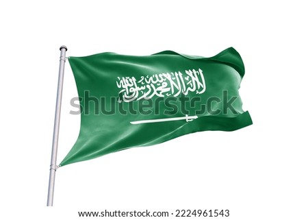 Waving Flag of Saudi Arabia in White Background. Saudi Arabia Flag on pole for Independence day. The symbol of the state on wavy fabric. Royalty-Free Stock Photo #2224961543