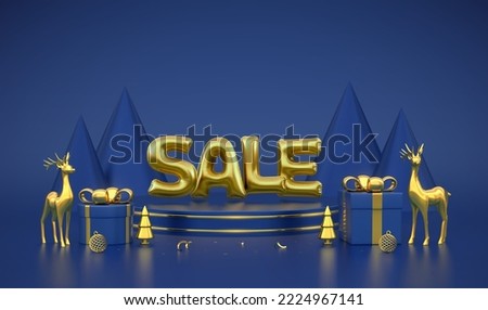 Christmas SALE banner. Scene and 3D platform on blue background. Golden Sale balloon word. Pedestal with gift boxes with gold bow and golden deers, metallic pine cone spruce trees. Vector illustration