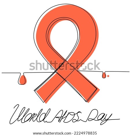AIDS day single line isolated on white background. Postcard with red ribbon. Vector medical illustration.