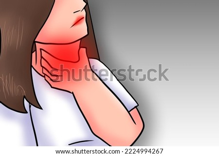 Background of Sore Throat. Closeup Of Beautiful Young Woman Hand Touching Her Ill Neck
