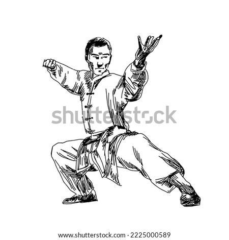 Clip art graphic resources. Figure sketch sketch drawn man wushu kung fu. Drawing vector illustration.