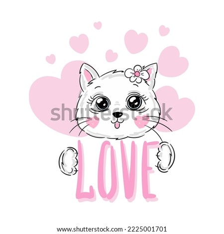 Cute white cat and lettering Love. Design print for t-shirt. Vector Illustration. Pink Hearts.