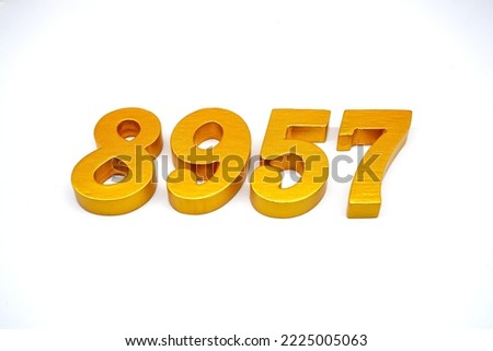  Number 8957 is made of gold-painted teak, 1 centimeter thick, placed on a white background to visualize it in 3D.                                 