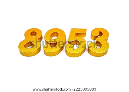   Number 8953 is made of gold-painted teak, 1 centimeter thick, placed on a white background to visualize it in 3D.                                