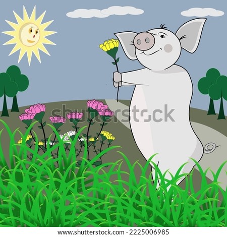 Cute pig smiling in the flower garden in the morning with landscape background