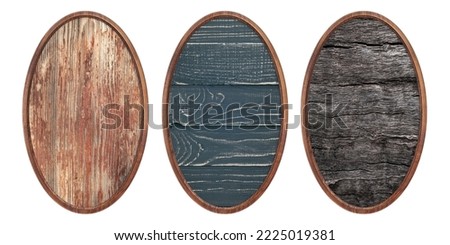 Wooden frame. Three empty oval frames with a creative wooden insert isolated on a white background. Empty frame. Signboard layout. Old frame. Bulletin board