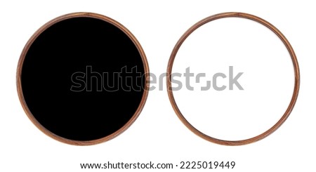Wooden frame. Two empty round frames with black and white insert isolated on white background. Blank frame. Signage mockup. Old frame. Bulletin board