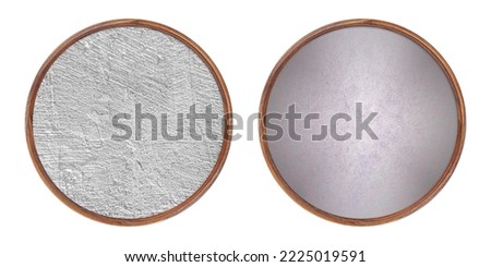 Wooden frame. Two blank round frames with creative texture insert isolated on white background. Blank frame. Signage mockup. Old frame. Notice Board